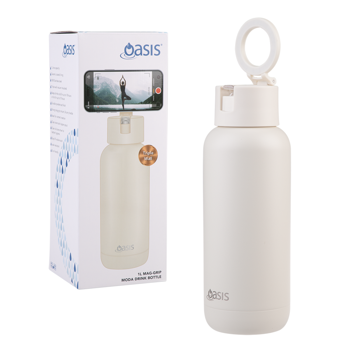 OASIS MAG-GRIP CERAMIC LINED STAINLESS STEEL TRIPLE WALL INSULATED 'MODA' DRINK BOTTLE 1L