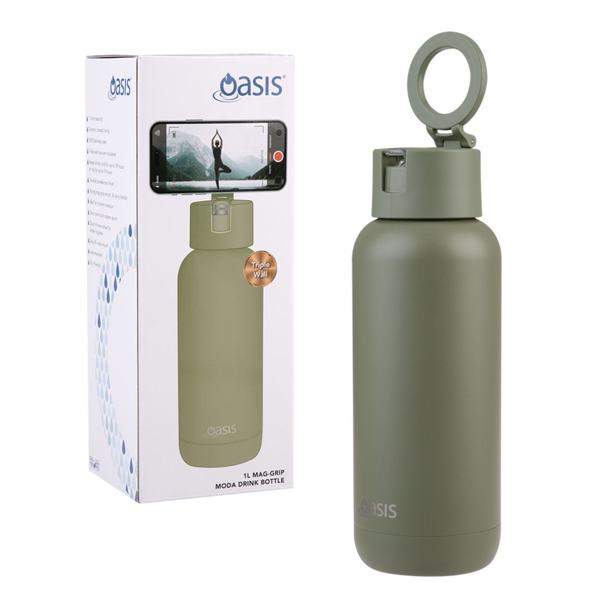 OASIS MAG-GRIP CERAMIC LINED STAINLESS STEEL TRIPLE WALL INSULATED 'MODA' DRINK BOTTLE 1L