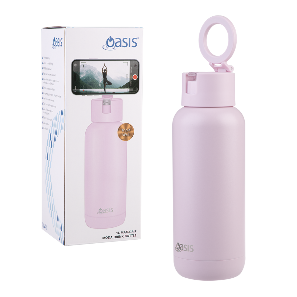 OASIS MAG-GRIP CERAMIC LINED STAINLESS STEEL TRIPLE WALL INSULATED 'MODA' DRINK BOTTLE 1L