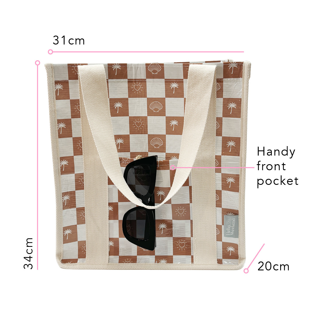 Hello Weekend Neutral Palm Trees, Hearts & Shells - Daily Market Tote Bag with Pocket