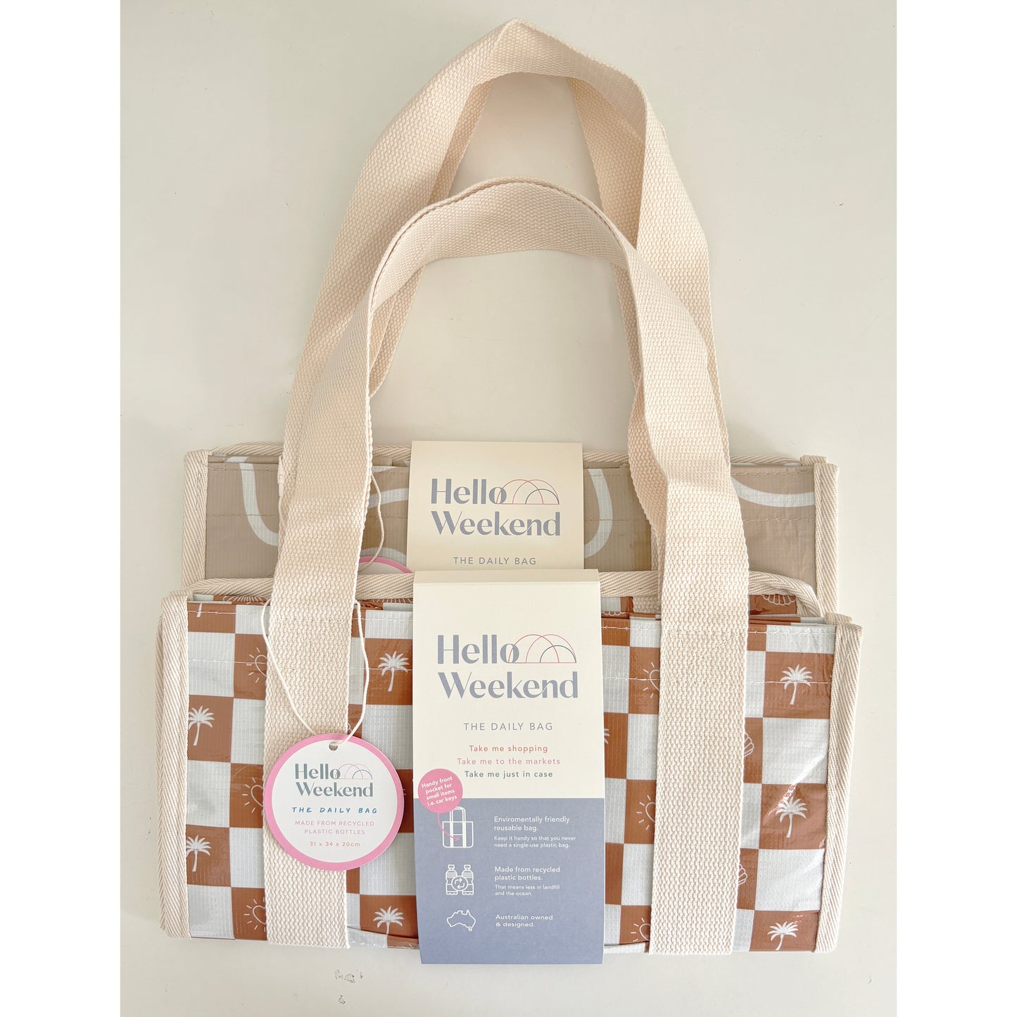Hello Weekend Neutral Palm Trees, Hearts & Shells - Daily Market Tote Bag with Pocket