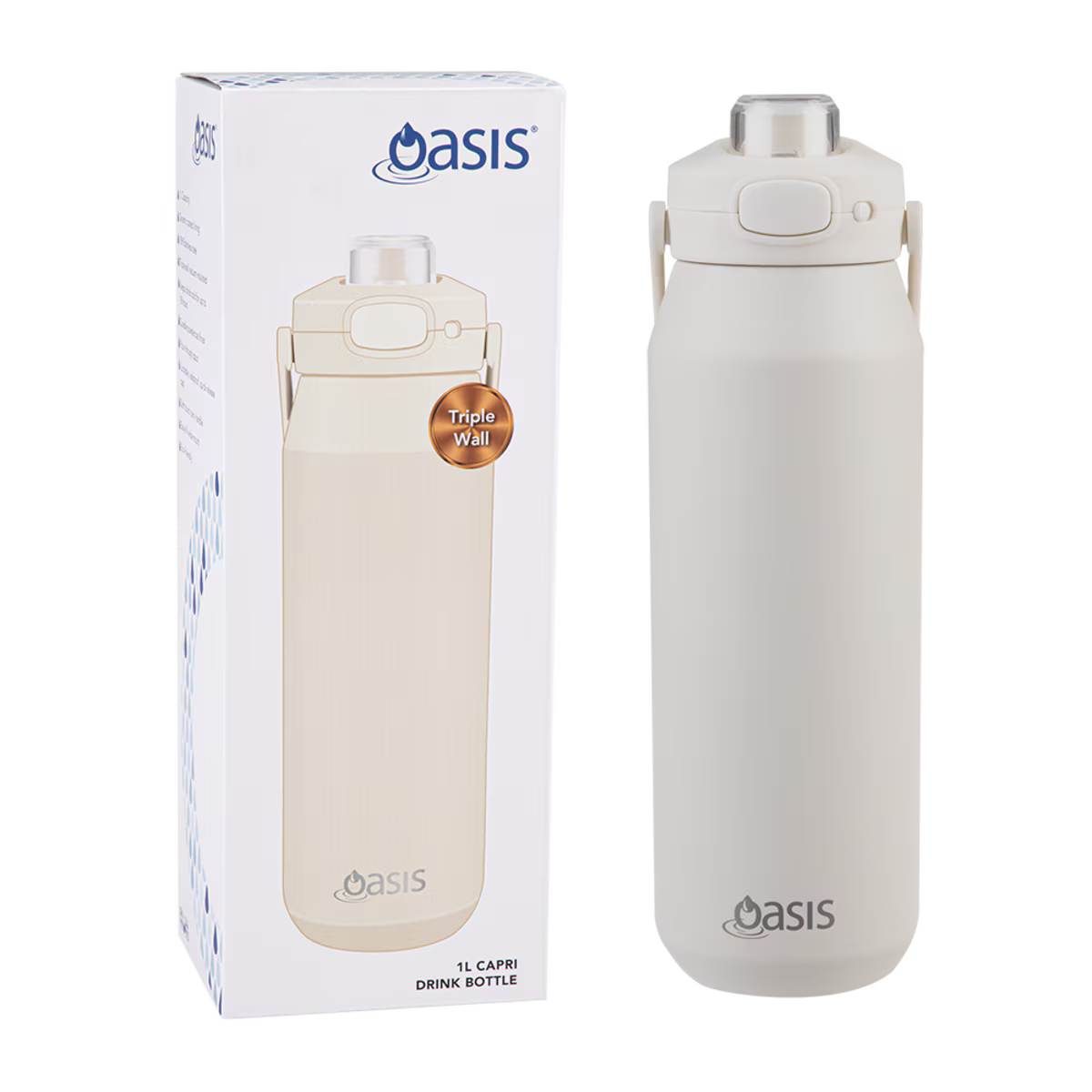 OASIS CERAMIC LINED STAINLESS STEEL TRIPLE WALL INSULATED 'CAPRI' DRINK BOTTLE W/ QUICK RELEASE LID 1L