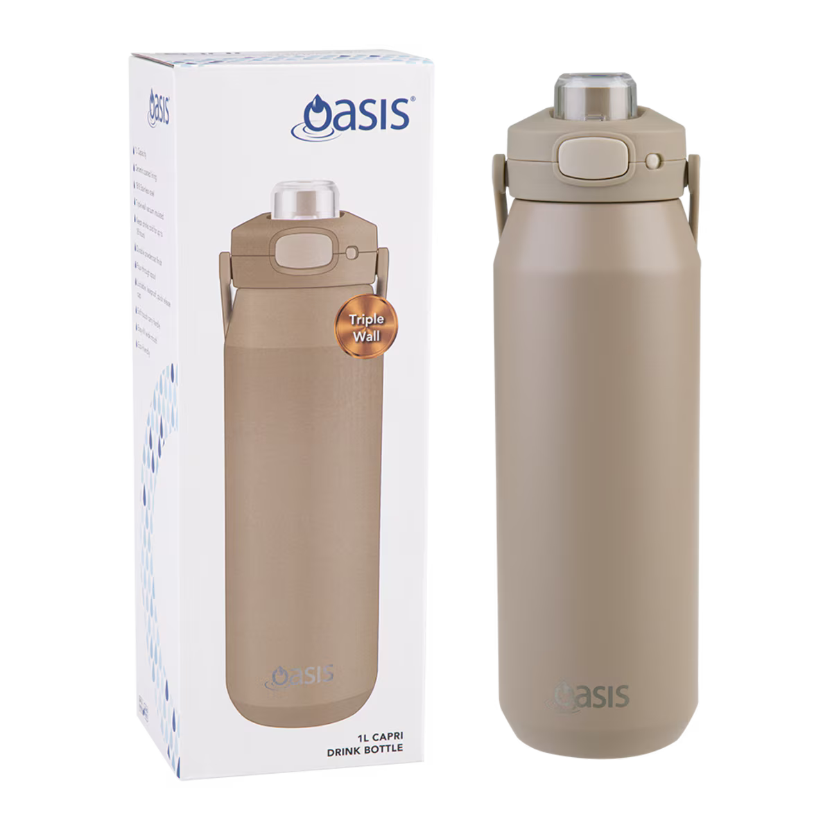 OASIS CERAMIC LINED STAINLESS STEEL TRIPLE WALL INSULATED 'CAPRI' DRINK BOTTLE W/ QUICK RELEASE LID 1L