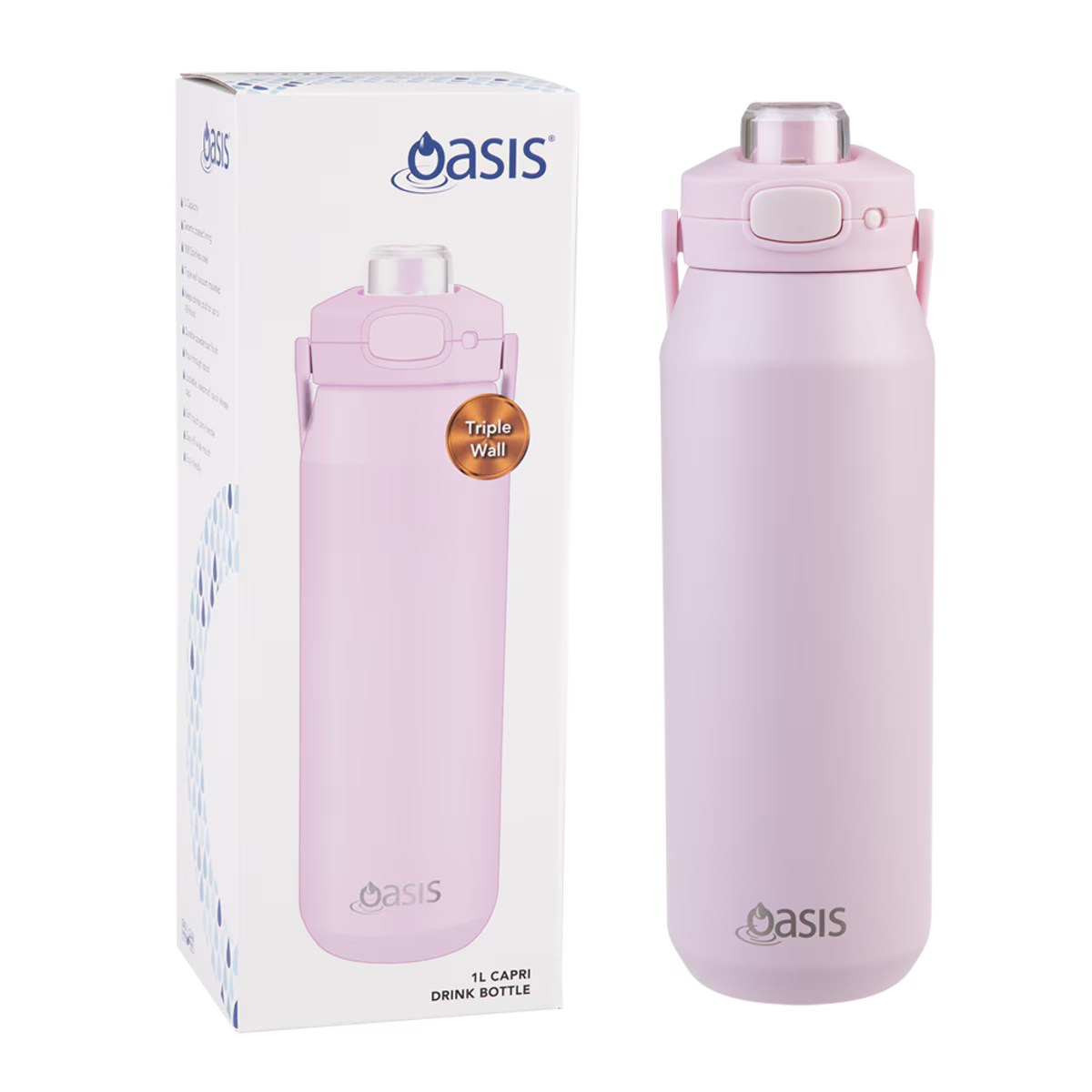 OASIS CERAMIC LINED STAINLESS STEEL TRIPLE WALL INSULATED 'CAPRI' DRINK BOTTLE W/ QUICK RELEASE LID 1L