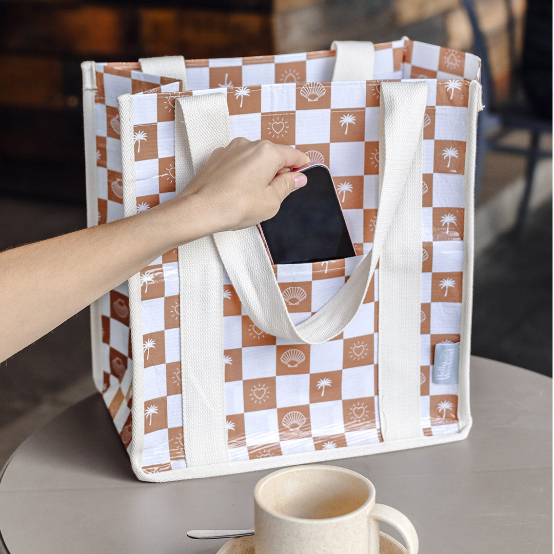 Hello Weekend Neutral Palm Trees, Hearts & Shells - Daily Market Tote Bag with Pocket